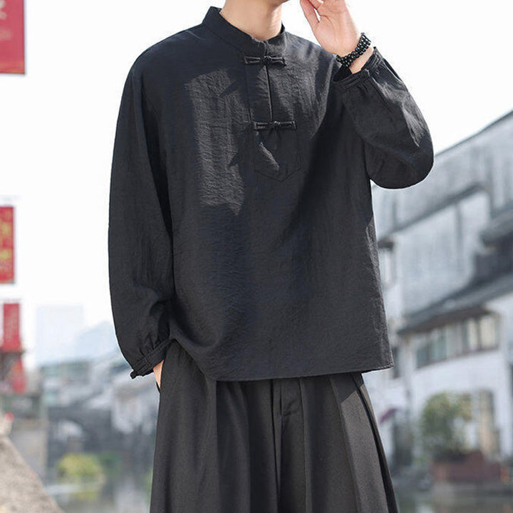 Buddha Stones2つのカエルボタン スタンドカラー 長袖 メンズ コットンシャツ - image 7