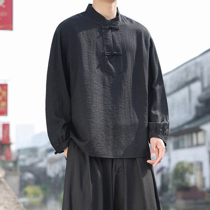 Buddha Stones2つのカエルボタン スタンドカラー 長袖 メンズ コットンシャツ - image 5
