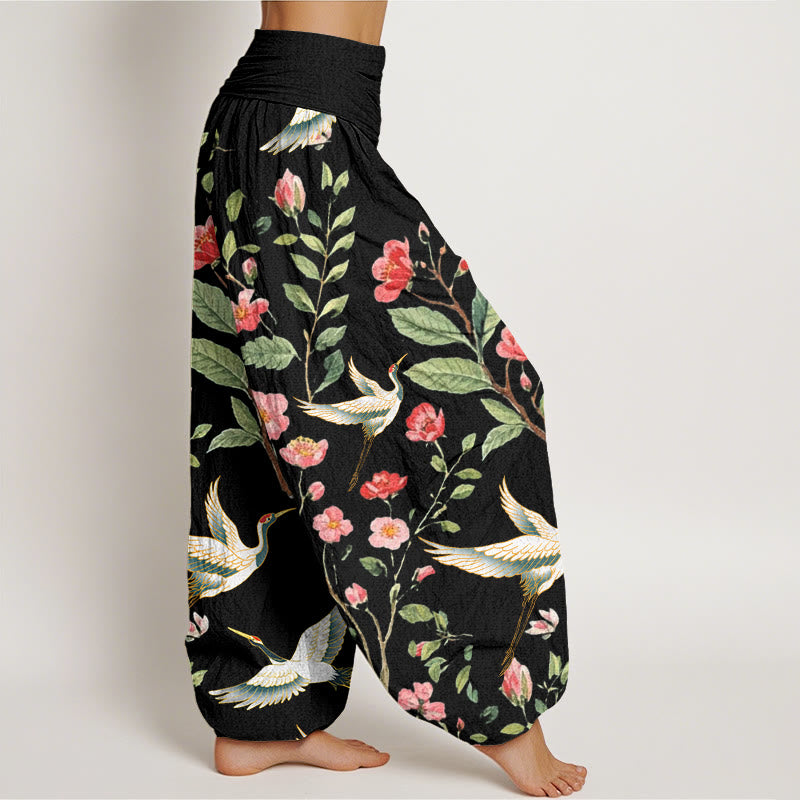 Buddha Stonesコットンカジュアルレッドフラワークレーン柄レディース伸縮性ウエストハーレムパンツ - image 1