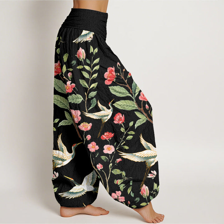 Buddha Stonesコットンカジュアルレッドフラワークレーン柄レディース伸縮性ウエストハーレムパンツ - image 1