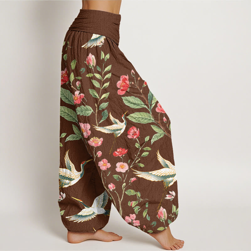 Buddha Stonesコットンカジュアルレッドフラワークレーン柄レディース伸縮性ウエストハーレムパンツ - image 5