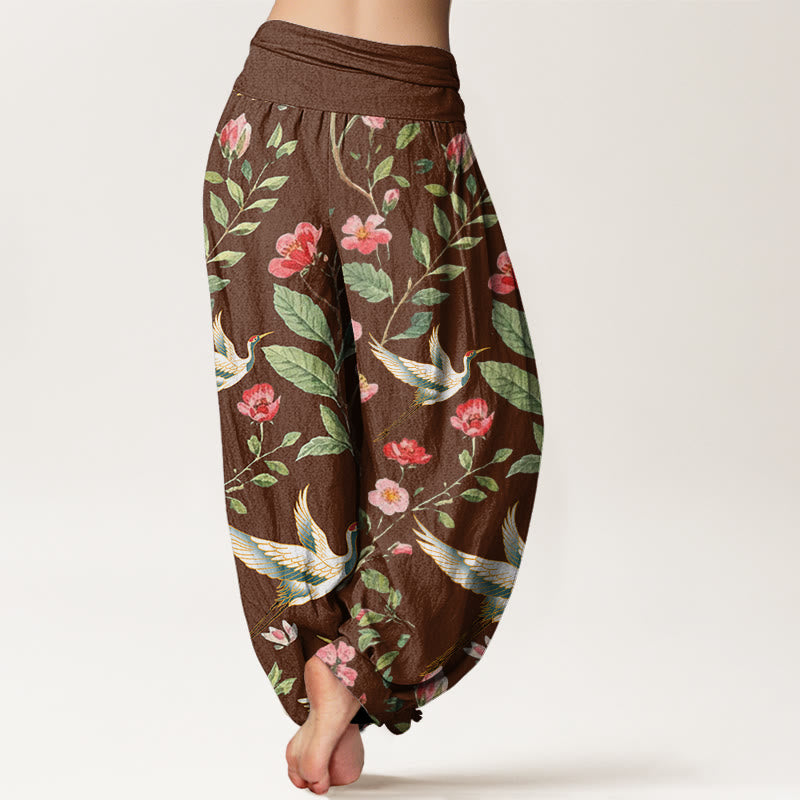 Buddha Stonesコットンカジュアルレッドフラワークレーン柄レディース伸縮性ウエストハーレムパンツ - image 6
