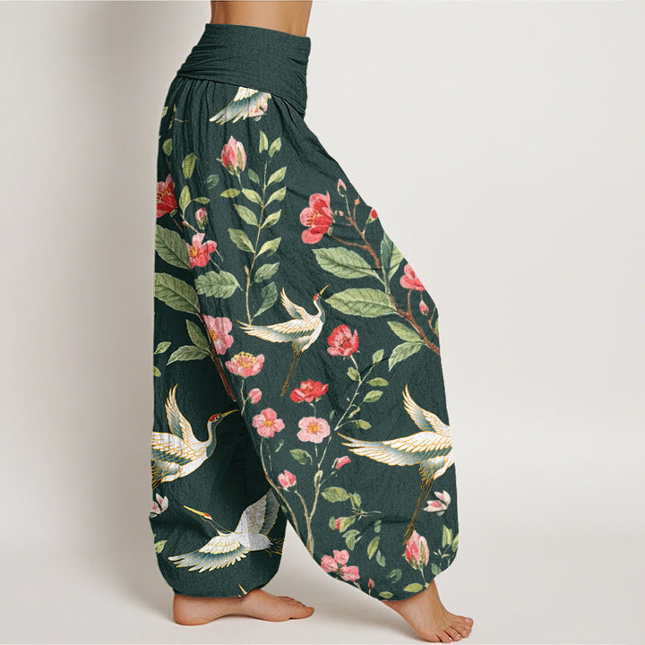 Buddha Stonesコットンカジュアルレッドフラワークレーン柄レディース伸縮性ウエストハーレムパンツ - image 8