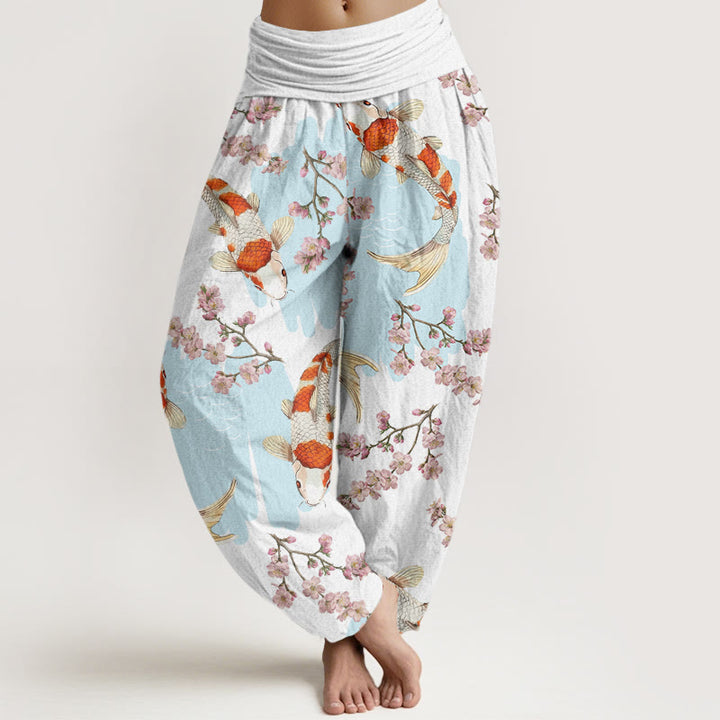 Buddha Stonesコットン カジュアル鯉桜柄 レディース 伸縮性ウエスト ハーレムパンツ - 白 - US22、 UK/AU26、 EU54 (6XL) - image 0