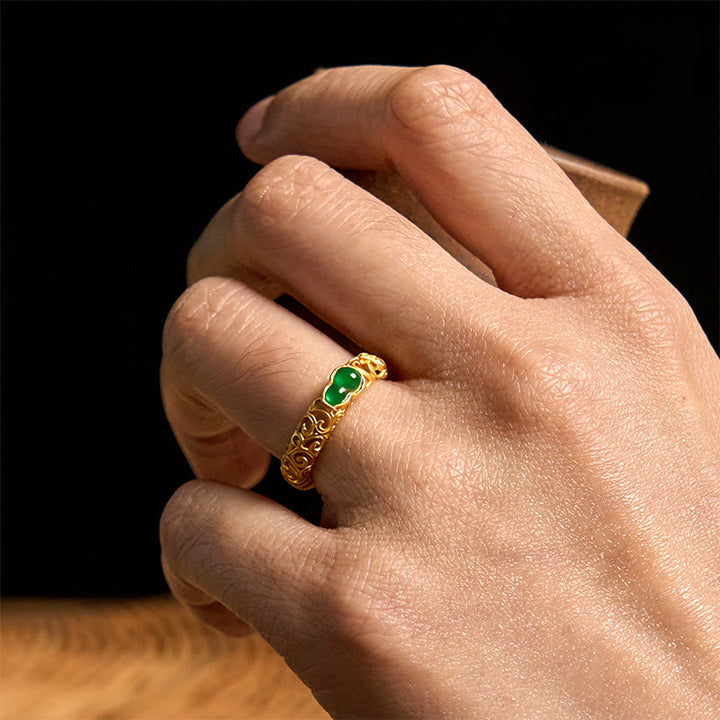 Buddha Stonesヴィンテージひょうたんグリーンカルセドニー銅合金富の指輪 - image 17