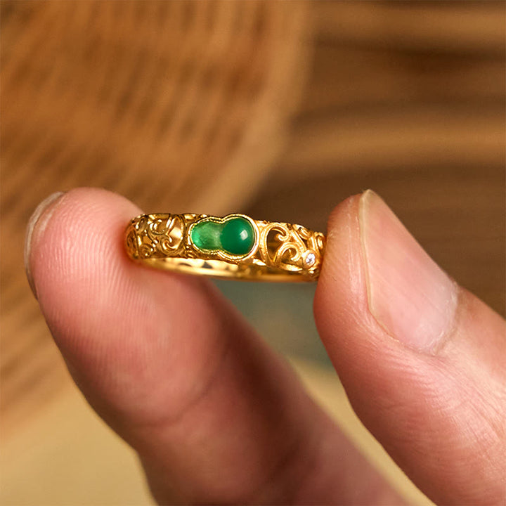 Buddha Stonesヴィンテージひょうたんグリーンカルセドニー銅合金富の指輪 - image 10