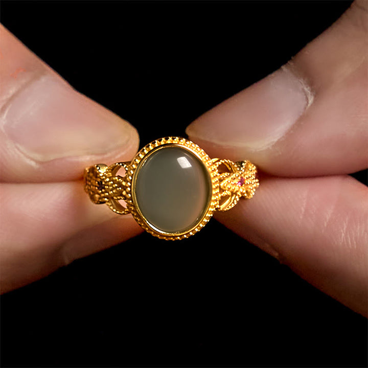 Buddha Stones天然 925 スターリングシルバー ゴールドメッキ 中空デザイン 翡翠 幸運 リング - image 15