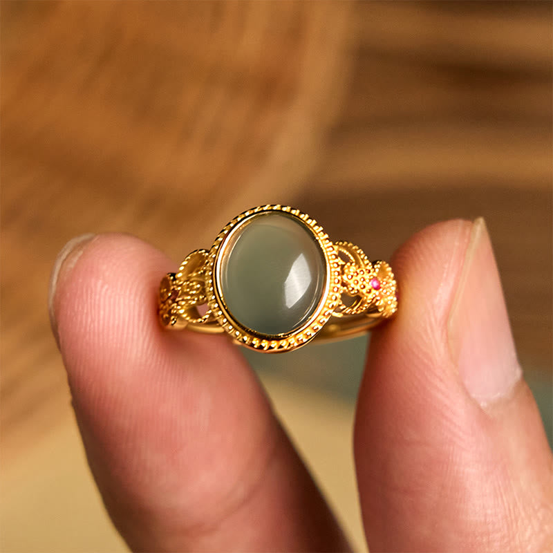 Buddha Stones天然 925 スターリングシルバー ゴールドメッキ 中空デザイン 翡翠 幸運 リング - image 14