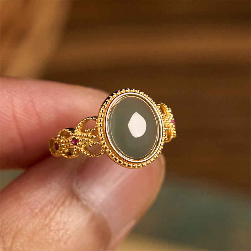 Buddha Stones天然 925 スターリングシルバー ゴールドメッキ 中空デザイン 翡翠 幸運 リング - image 13