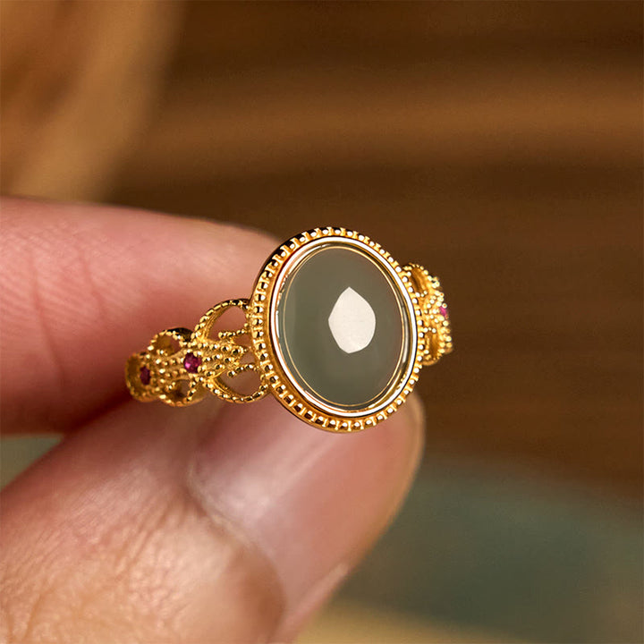 Buddha Stones天然 925 スターリングシルバー ゴールドメッキ 中空デザイン 翡翠 幸運 リング - image 13