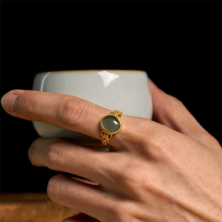 Buddha Stones天然 925 スターリングシルバー ゴールドメッキ 中空デザイン 翡翠 幸運 リング - image 16