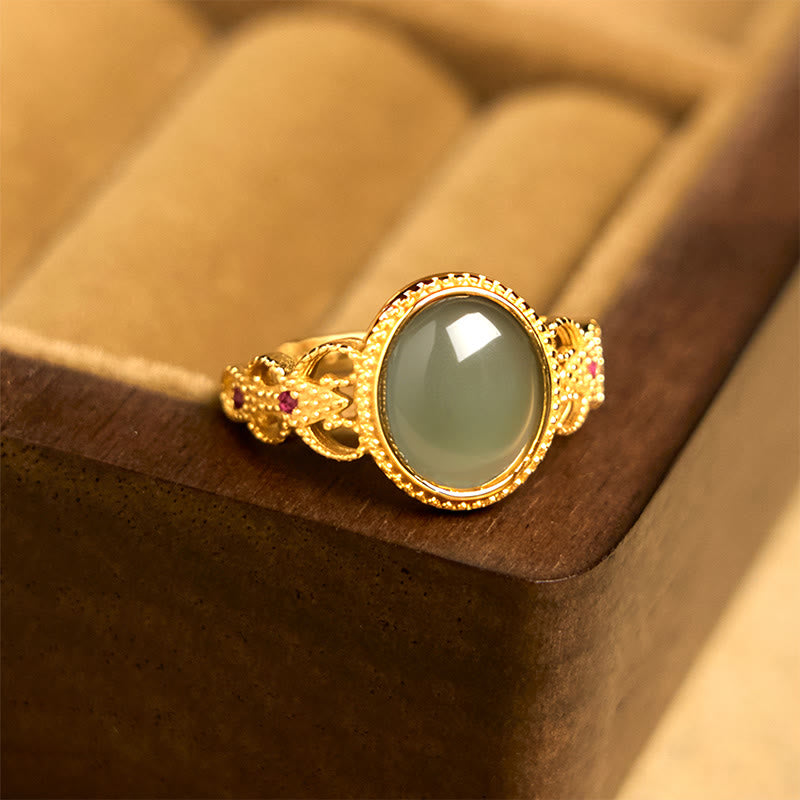 Buddha Stones天然 925 スターリングシルバー ゴールドメッキ 中空デザイン 翡翠 幸運 リング - image 10