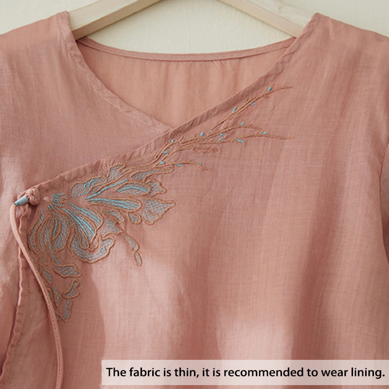 Buddha Stonesカジュアル レディース 刺繍 植物デザイン 七分袖 コットンリネンシャツ - image 2