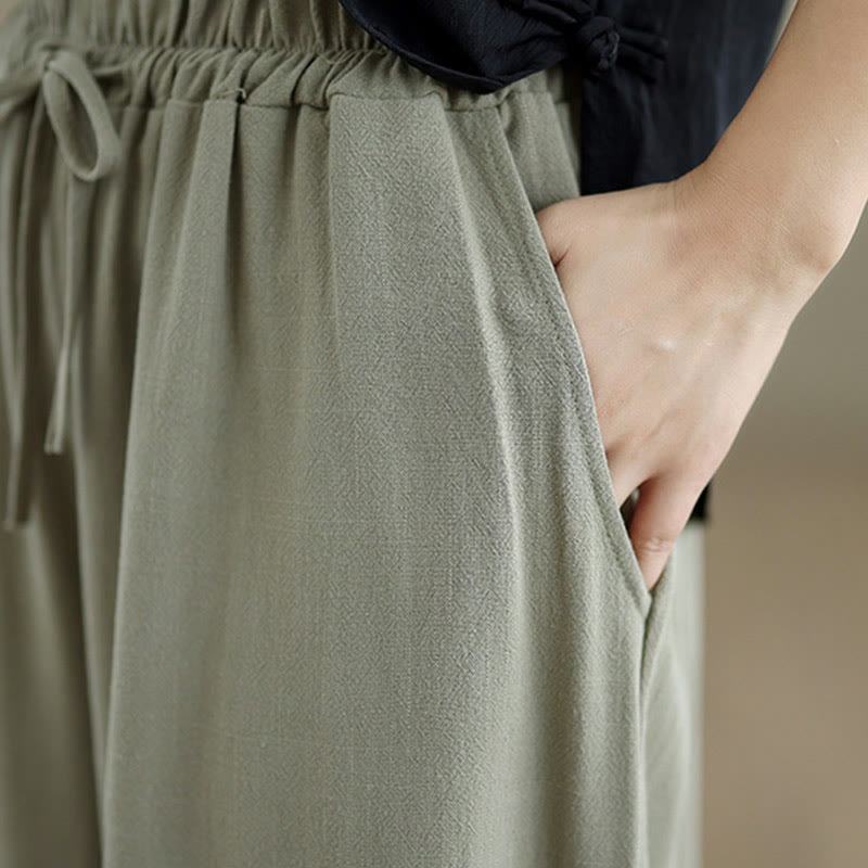 Buddha Stones通勤用 無地 シンプル レースアップデザイン レディース ワイドレッグ コットンリネン パンツ ポケット付き - image 6