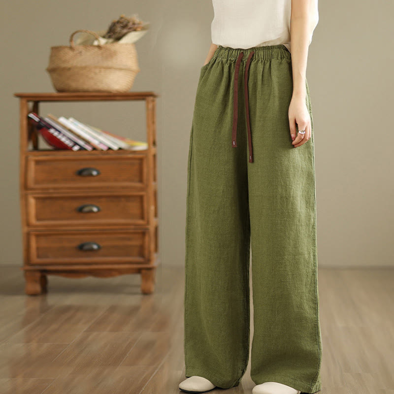Buddha Stones通勤用レトロ無地レディースハーレムドローストリングコットンパンツ ポケット付き - image 3