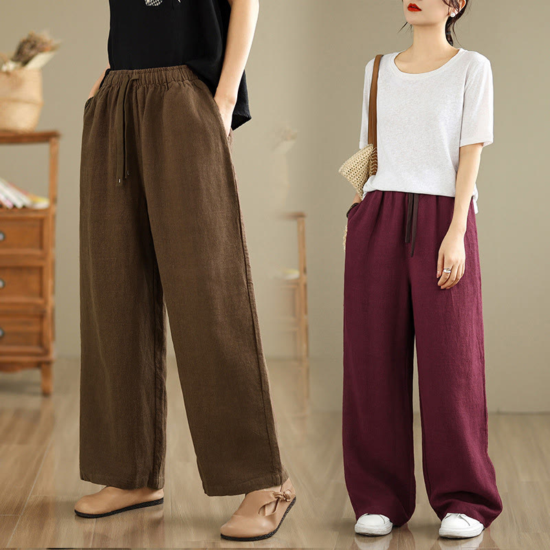Buddha Stones通勤用レトロ無地レディースハーレムドローストリングコットンパンツ ポケット付き - image 24