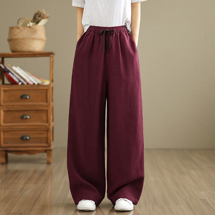 Buddha Stones通勤用レトロ無地レディースハーレムドローストリングコットンパンツ ポケット付き - image 19