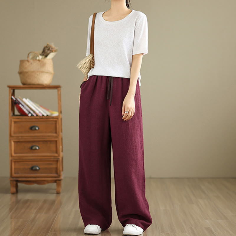 Buddha Stones通勤用レトロ無地レディースハーレムドローストリングコットンパンツ ポケット付き - image 23