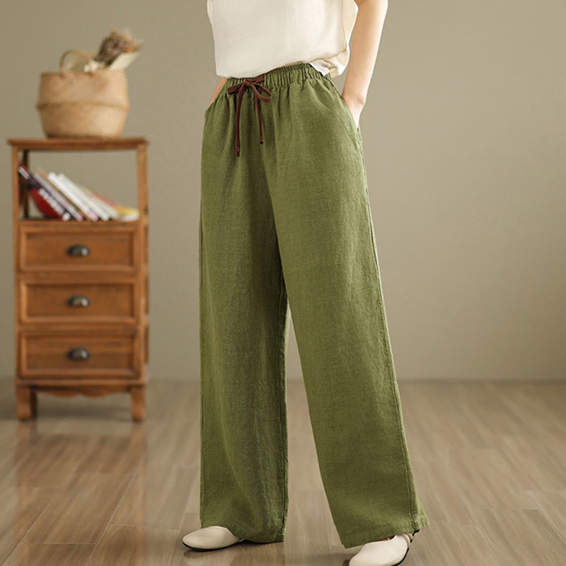 Buddha Stones通勤用レトロ無地レディースハーレムドローストリングコットンパンツ ポケット付き - image 3