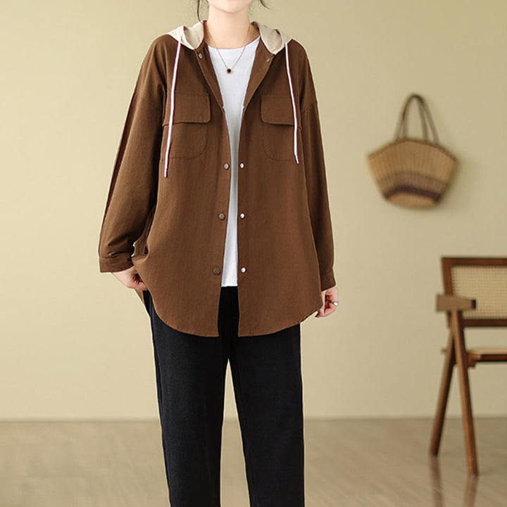 Buddha Stonesカジュアル通勤用ドローストリングパーカー レディース コットンリネン ジャケット ポケット付き - image 5