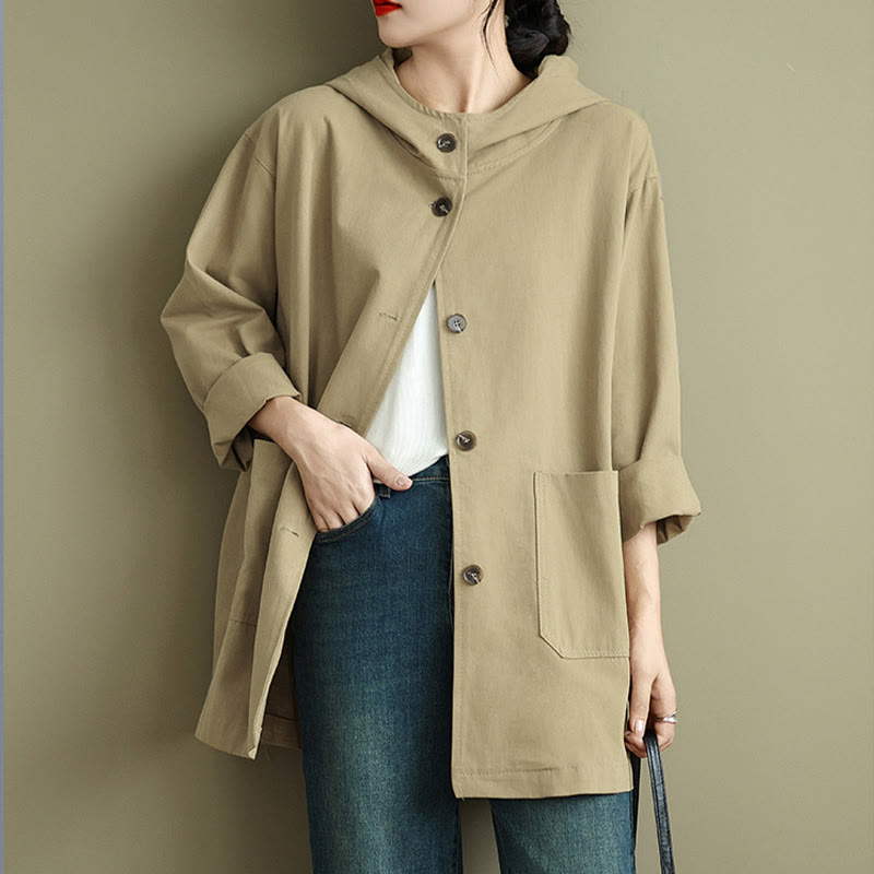 Buddha Stones秋冬ヴィンテージパーカー レディース コットンリネンジャケット フロントポケット付き - image 9