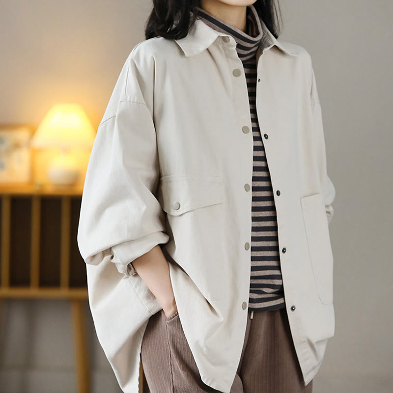 Buddha Stonesヴィンテージ カジュアル ピュアカラー ラペル レディース コットンジャケット ポケット付き - image 12