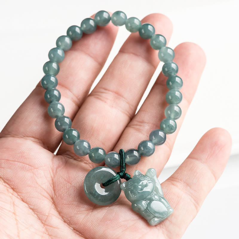 Buddha Stonesブルー翡翠平和のお守りチャーム招き猫豊かさブレスレット - image 4