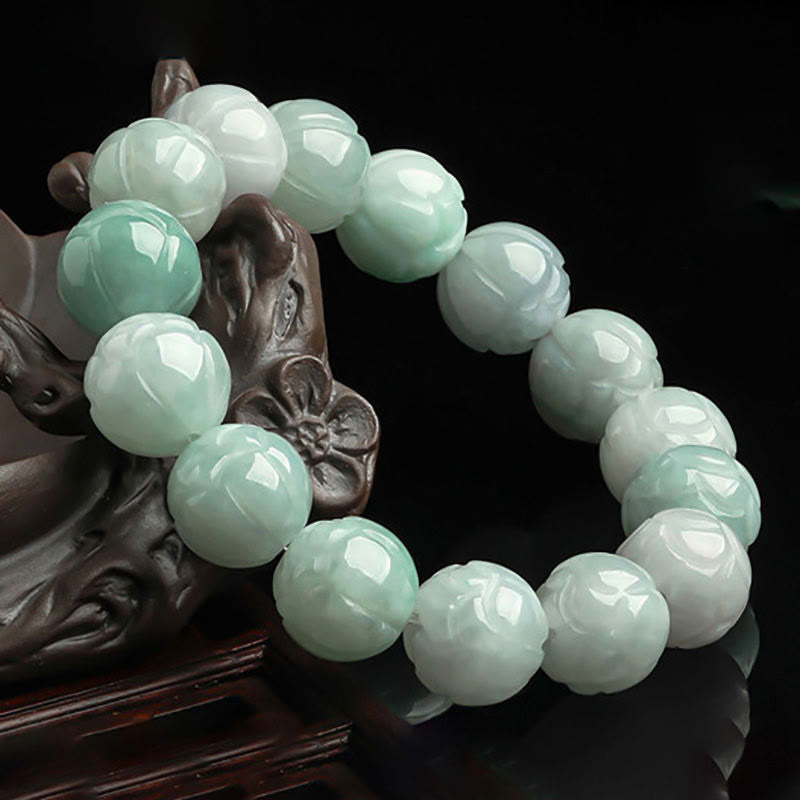 Buddha Stones天然翡翠蓮彫刻豊かさブレスレット - image 2