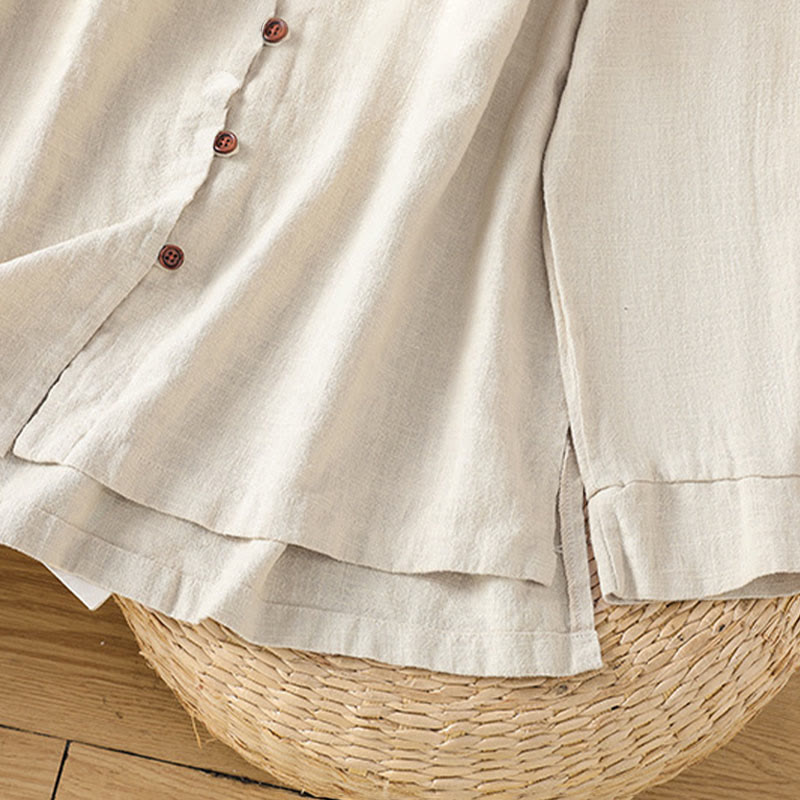 Buddha Stones春 無地 シンプル 裾スリットデザイン コットンリネン レディース シャツ - image 7