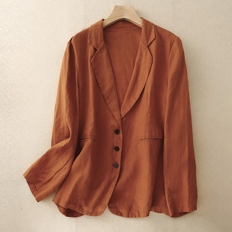 Buddha Stones通勤用レトロピュアカラーラペルコットンリネンレディースジャケット（ポケット付き） - オレンジレッド - US14、 UK/AU18、 EU46 (2XL) - image 13