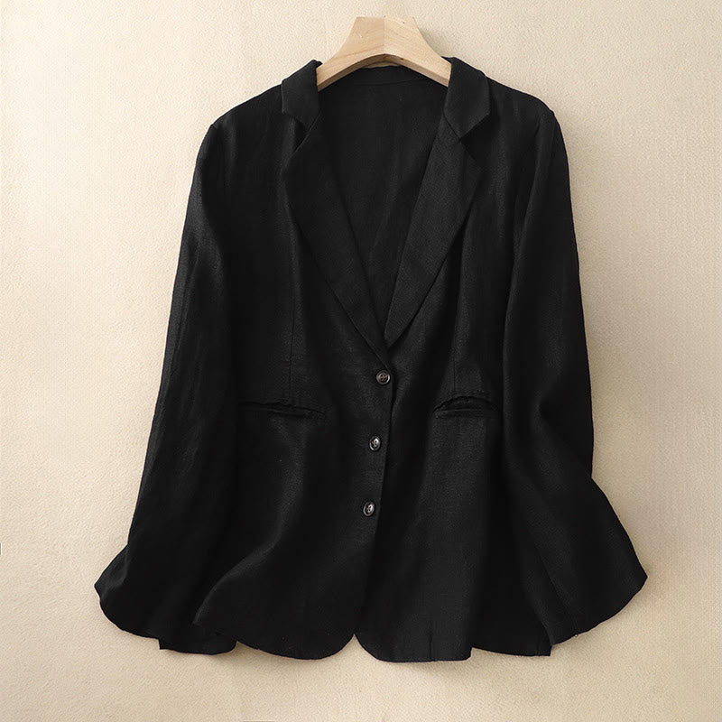 Buddha Stones通勤用レトロピュアカラーラペルコットンリネンレディースジャケット（ポケット付き） - 黒 - US14、 UK/AU18、 EU46 (2XL) - image 4