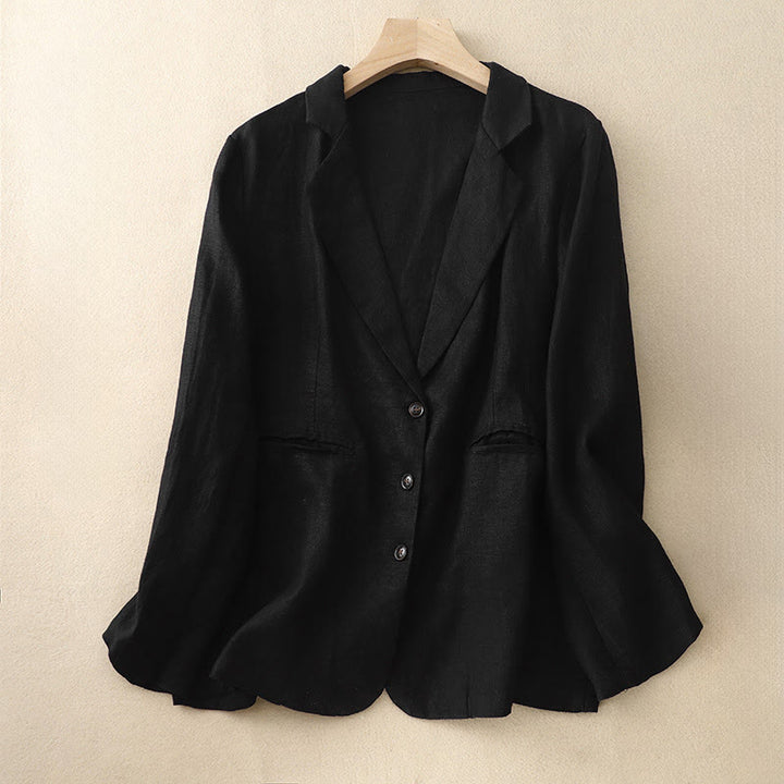 Buddha Stones通勤用レトロピュアカラーラペルコットンリネンレディースジャケット（ポケット付き） - 黒 - US14、 UK/AU18、 EU46 (2XL) - image 4