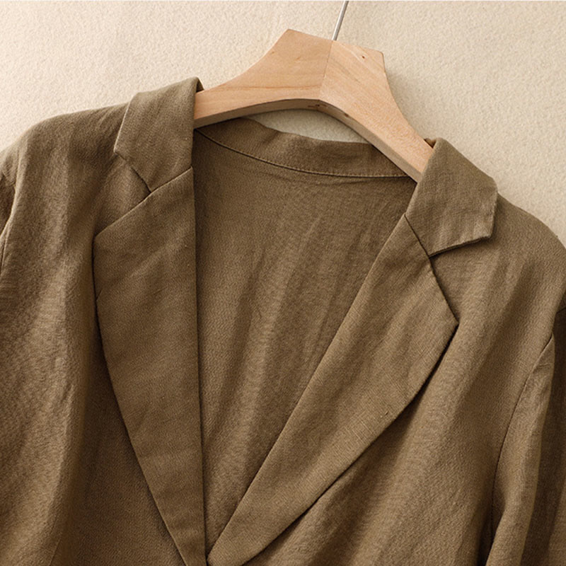 Buddha Stones通勤用レトロピュアカラーラペルコットンリネンレディースジャケット（ポケット付き） - image 1