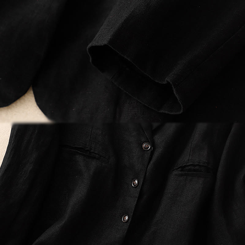 Buddha Stones通勤用レトロピュアカラーラペルコットンリネンレディースジャケット（ポケット付き） - image 6