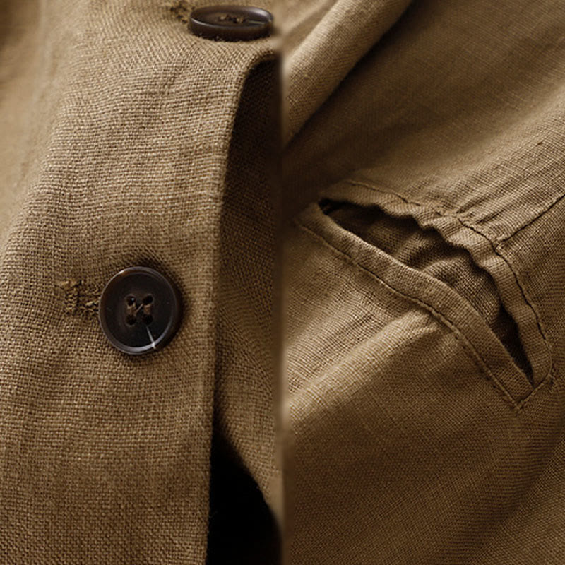 Buddha Stones通勤用レトロピュアカラーラペルコットンリネンレディースジャケット（ポケット付き） - image 3