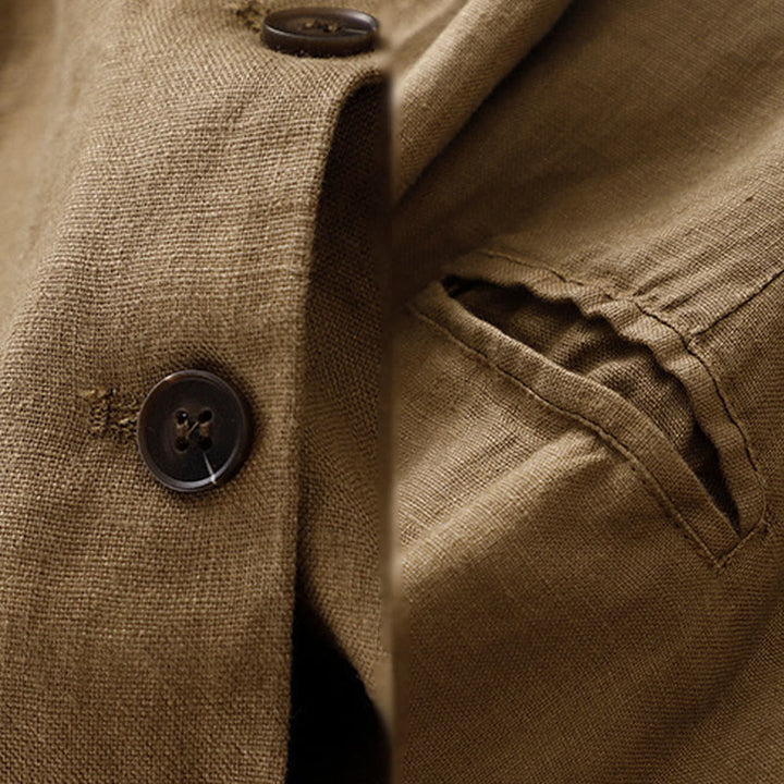 Buddha Stones通勤用レトロピュアカラーラペルコットンリネンレディースジャケット（ポケット付き） - image 3