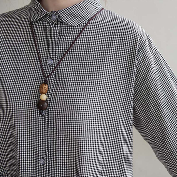 Buddha Stonesの小さな格子模様のコットンリネンのレディースミディドレス（ポケット付き） - image 14