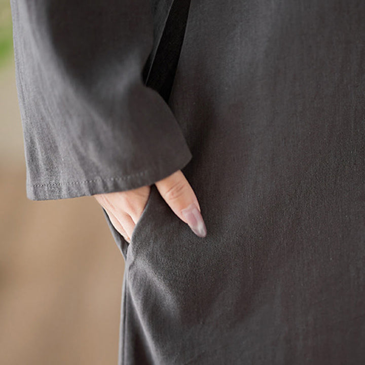 Buddha Stonesカジュアル プレーン クルーネック コットンリネン ミディドレス ポケット付き - image 9