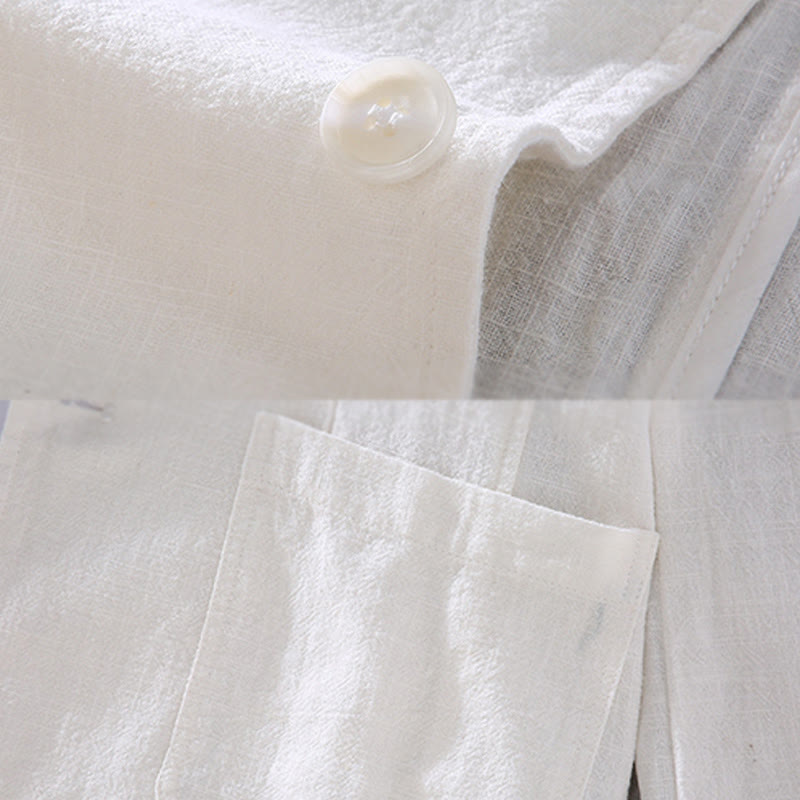 Buddha Stones長袖ボタン無地デザインメンズリネンジャケットシャツ ポケット付き - image 3