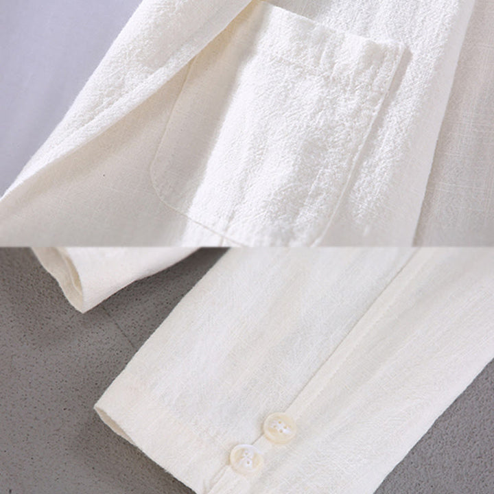 Buddha Stones長袖ボタン無地デザインメンズリネンジャケットシャツ ポケット付き - image 4