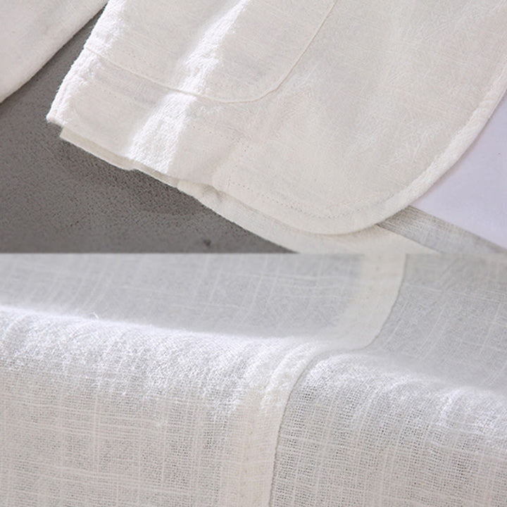 Buddha Stones長袖ボタン無地デザインメンズリネンジャケットシャツ ポケット付き - image 5