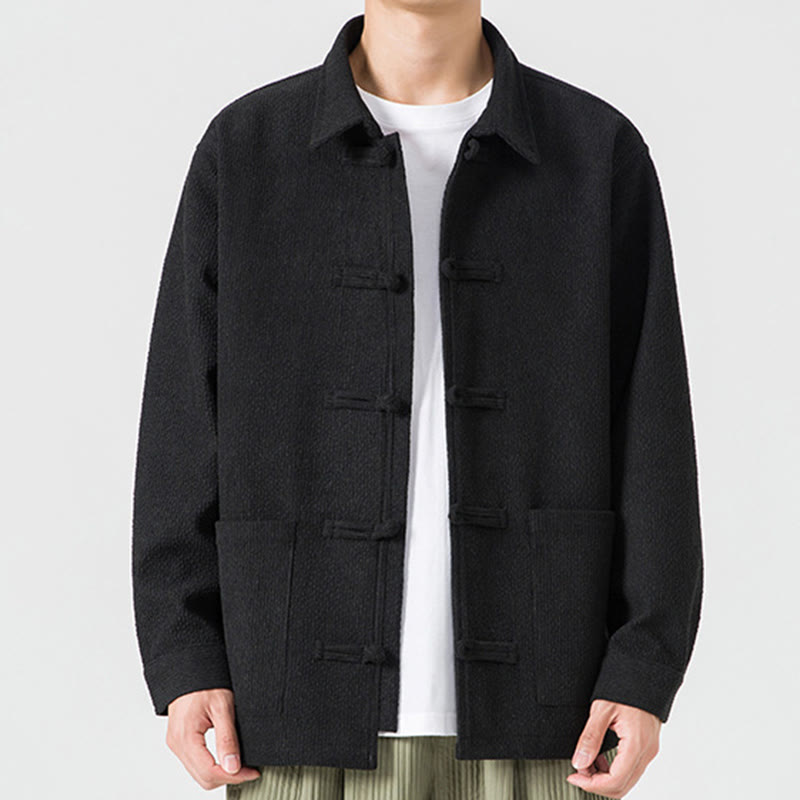 Buddha Stones長袖 カエルボタンデザイン メンズ ポリエステルジャケット シャツ ポケット付き - 黒 - US/UK/AU46、 EU56 (5XL) - image 10