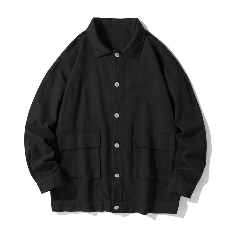 Buddha Stones長袖 ボタン スタンドカラー デザイン メンズ コットン ジャケット シャツ ポケット付き - 黒 - US/UK/AU50、EU60（5XL） - image 0