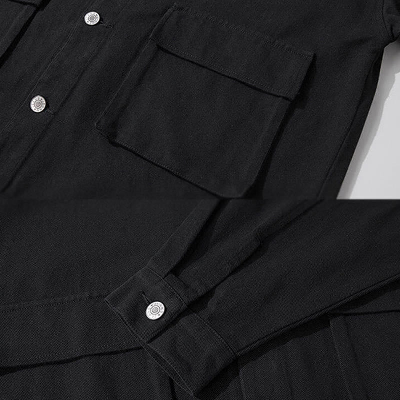 Buddha Stones長袖 ボタン スタンドカラー デザイン メンズ コットン ジャケット シャツ ポケット付き - image 3