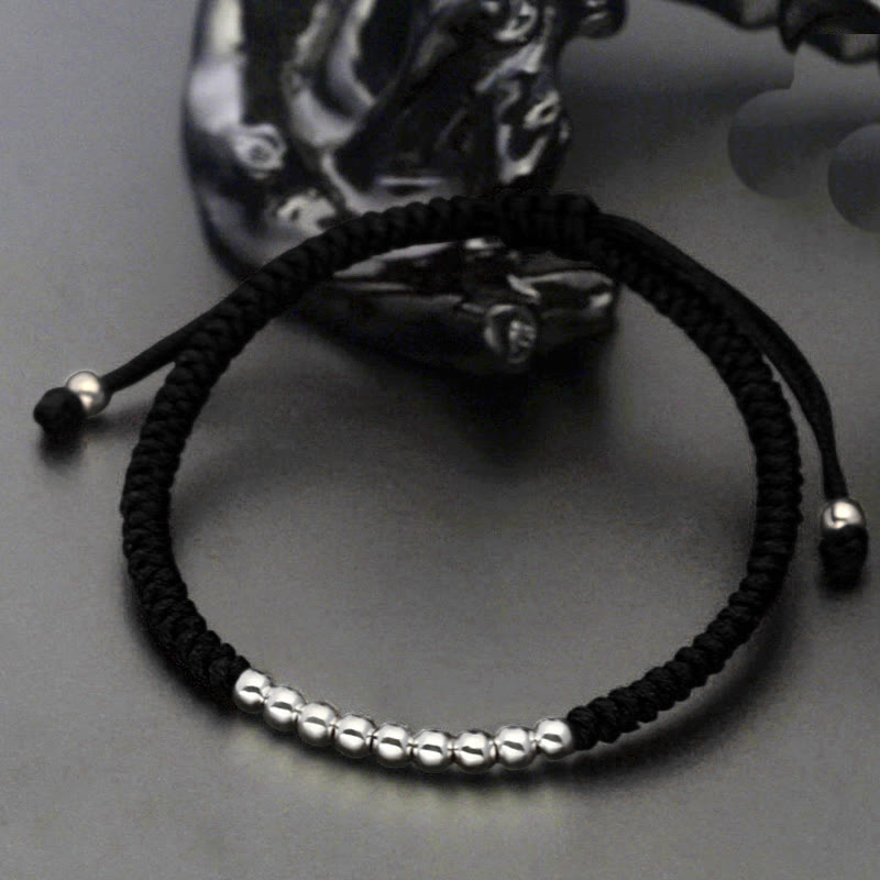 Buddha Stonesレトロ 925 スターリングシルバー シンプルビーズ ノットデザイン 幸運の紐ブレスレット - 925スターリングシルバー（手首周り：15～22cm） - 黒 - image 1