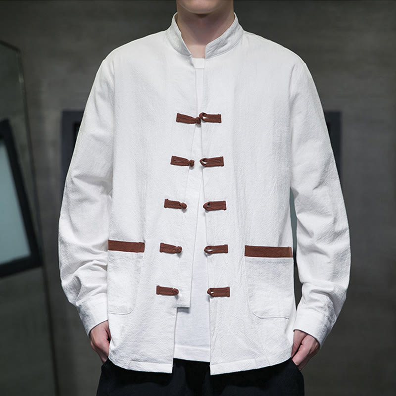 Buddha Stonesメンズ スタンドカラー フロッグボタン コットンリネン 長袖シャツ ポケット付き - 白 - US/UK/AU46、 EU56 (5XL) - image 1
