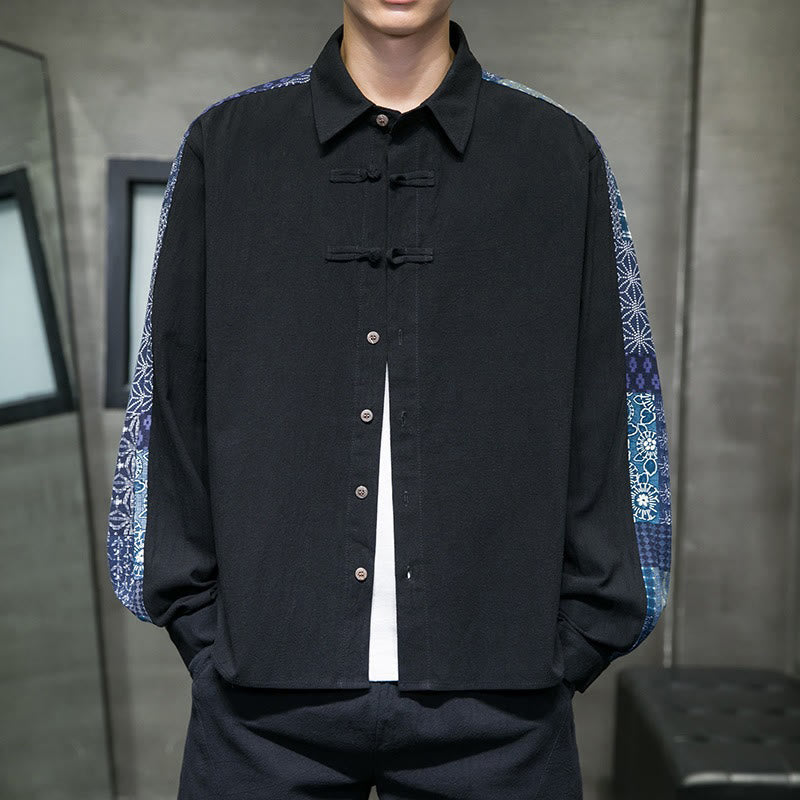 Buddha Stonesメンズ フラワーパターン ステッチ コットンブレンド 長袖シャツ - 黒 - US/UK/AU50、EU60（5XL） - image 1
