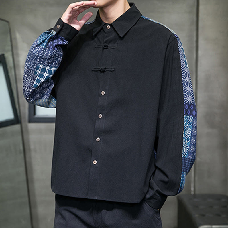 Buddha Stonesメンズ フラワーパターン ステッチ コットンブレンド 長袖シャツ - image 1