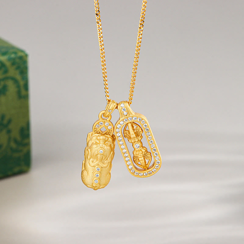 Buddha Stones925 スターリングシルバー ミニ 貔貅 ドルジェ ヴァジュラ 富のネックレス ペンダント - ゴールデン - PiXiu金剛杵 - image 0