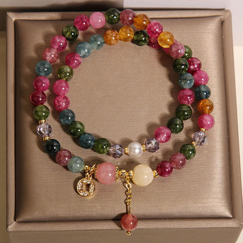 Buddha Stonesトルマリンパープルジェイドアクアマリンジェイド銅コインポジティブダブルラップブレスレット - image 2
